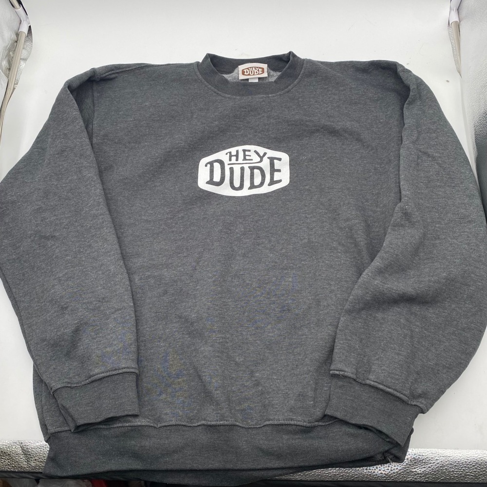 Hey Dude Graphic Logo Sweatshirt Men XL Charcoal Grey Cotton Blend Pullover Crew